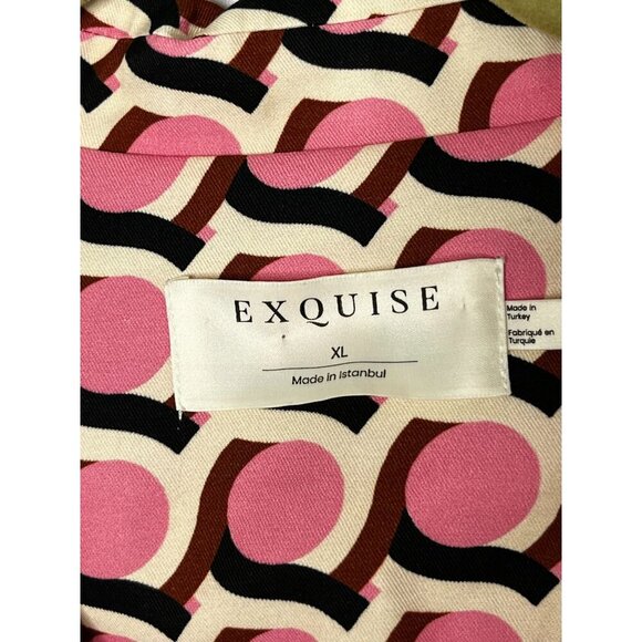 Exquise Retro Pattern Button-Up Collared Shirt Pink Black Geometric Design XL - Picture 4 of 11